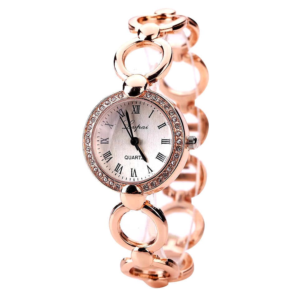 Rose Gold Luxury Women's Crystal Quartz Watch – Elegant Dress Wristwatch