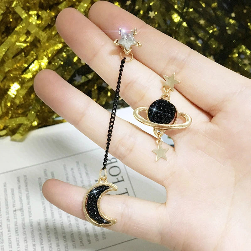 Korean Star & Moon Long Earrings - Asymmetric Tassel Drop Jewelry