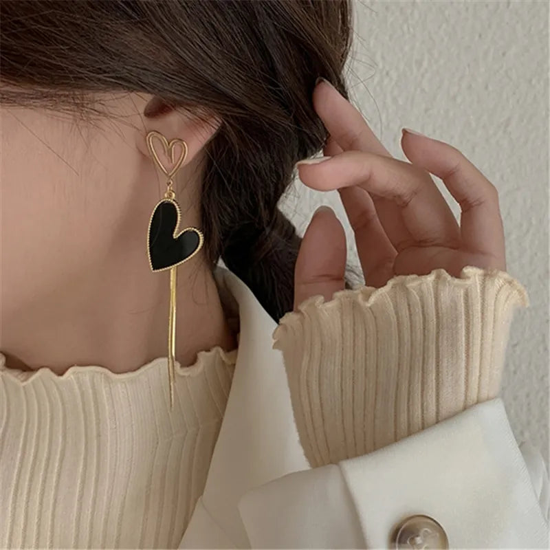 Korean Asymmetric Hollow Black Heart Dangle Earrings - Exaggerated Drop Jewelry