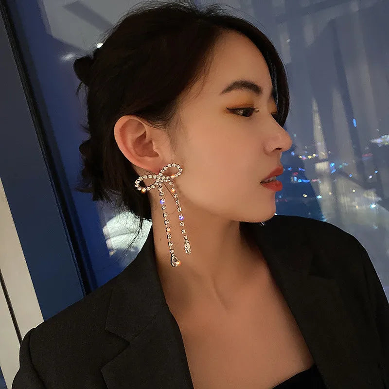 Crystal Bowknot Tassel Earrings