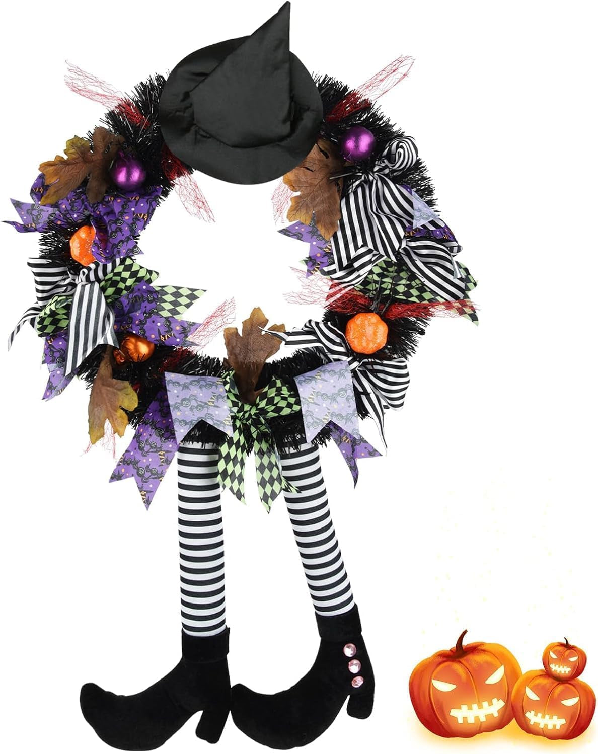 Halloween Decorations,Halloween Wreath,Halloween Witch Wreath Black Wreath with Hat Witches Legs Pumpkin,Indoor Outdoor Home Halloween Decor
