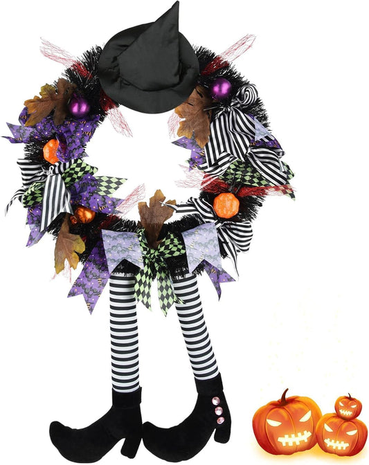 Halloween Decorations,Halloween Wreath,Halloween Witch Wreath Black Wreath with Hat Witches Legs Pumpkin,Indoor Outdoor Home Halloween Decor