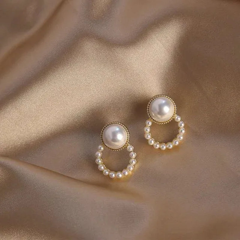 Simple Gold Pearl Hoop Earrings - Big Circle Statement