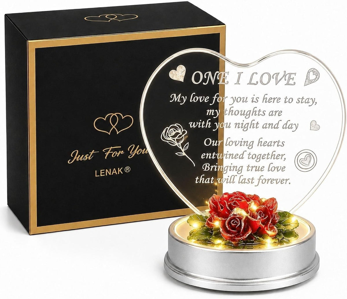 Romantic Heart-Shaped Acrylic Love Gift with Red Rose Base - Perfect for Valentine's Day and Special Occasions