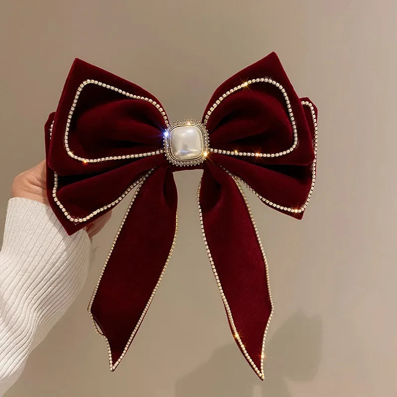 Chic Velvet Bow Hair Clips - Rhinestone Pearl Elegance