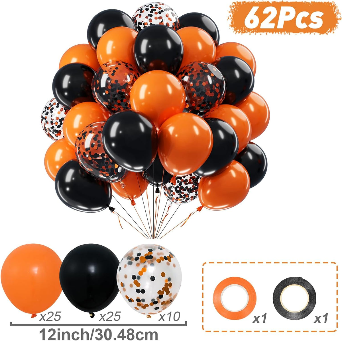 62Pcs Halloween Balloons,Black and Orange Balloon for Halloween Decorations