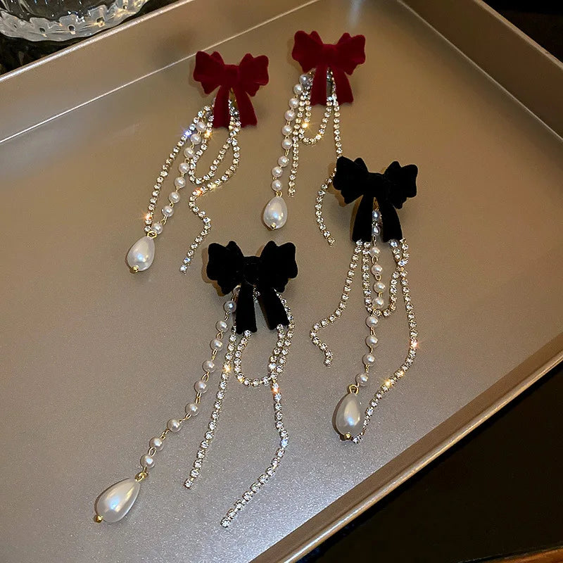 Stylish Pearl Drop Earrings - Long Crystal Tassels & Bowknot Accent