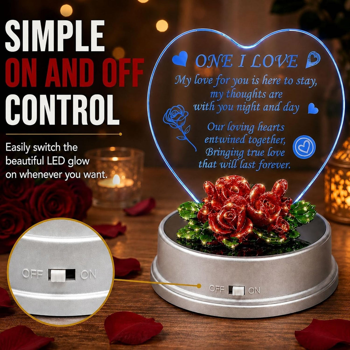 Romantic Heart-Shaped Acrylic Love Gift with Red Rose Base - Perfect for Valentine's Day and Special Occasions