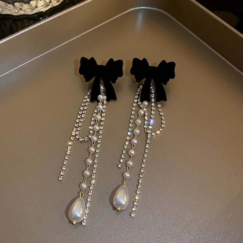 Stylish Pearl Drop Earrings - Long Crystal Tassels & Bowknot Accent