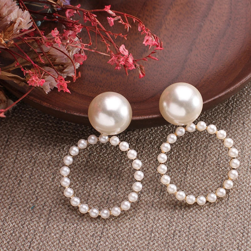 Simple Gold Pearl Hoop Earrings - Big Circle Statement