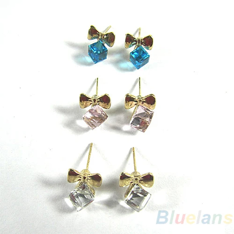 Chic Shimmer Bowknot Rhinestone Ear Studs - Cute Cube Jewelry for Women