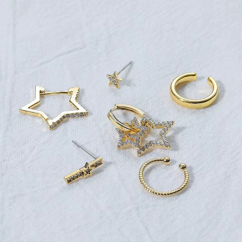 6-Piece Silver Star Earring Stack – Micro Zircon Set