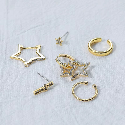 6-Piece Silver Star Earring Stack – Micro Zircon Set