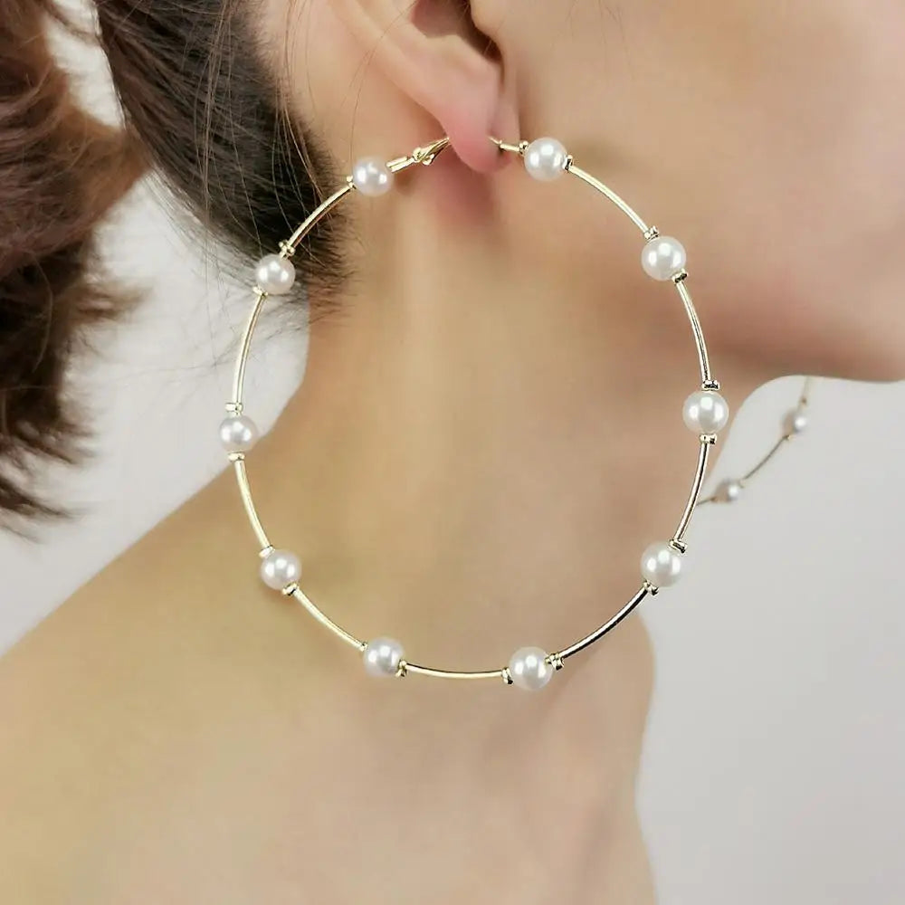 Gold Hoop Earrings with Imitation Pearls - Oversized Statement Design