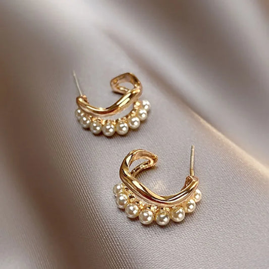 Simple Gold Pearl Hoop Earrings - Big Circle Statement