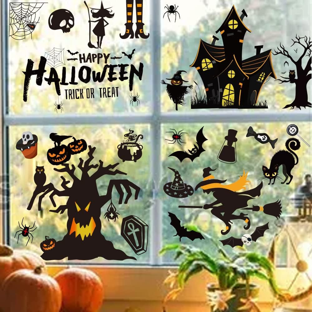 Halloween Window Stickers Bats Spiders 169Pcs Halloween Window Decorations Reusable Double-Sided Window Cling Sticker for Halloween Party Indoor