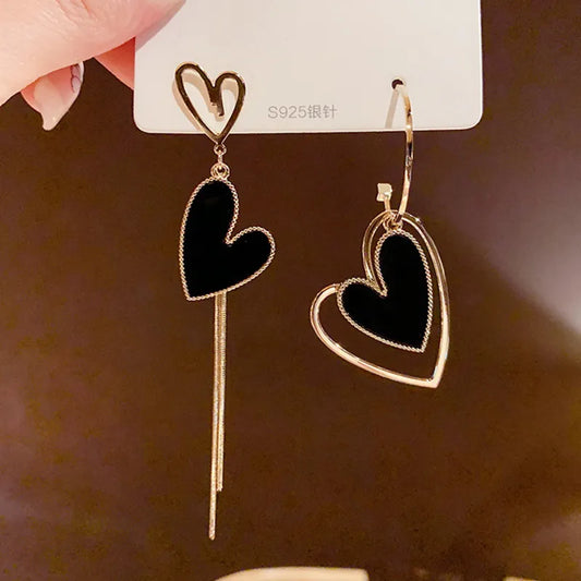 Korean Asymmetric Hollow Black Heart Dangle Earrings - Exaggerated Drop Jewelry