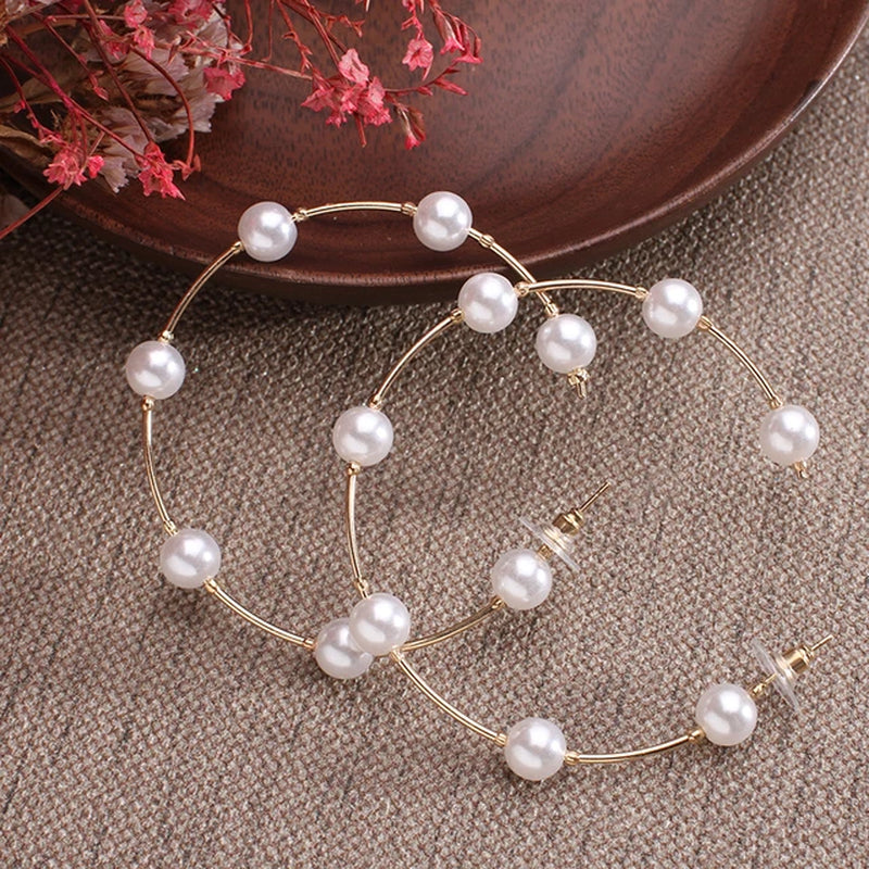 Simple Gold Pearl Hoop Earrings - Big Circle Statement