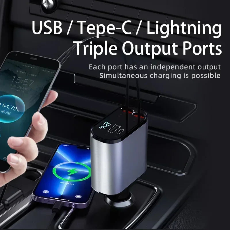 120 Watt Car Charger 4In1 Retractable Car Cigarette Lighter Adapter USB Type C Super Fast Charger Swivel High Compatibility