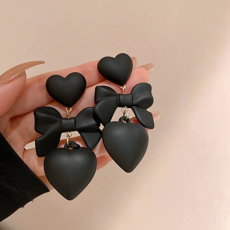 Korean Black Bowknot Heart Dangle Earrings - Fashion Statement