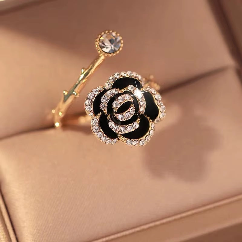 Korean Black Rose Meta Ring - Luxury Zircon Adjustable Ring 