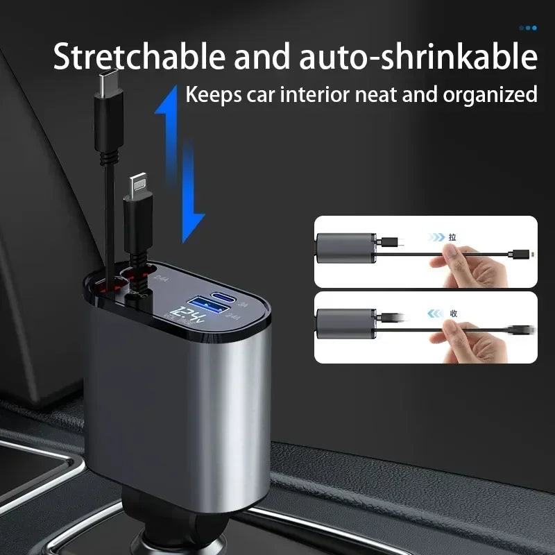 120 Watt Car Charger 4In1 Retractable Car Cigarette Lighter Adapter USB Type C Super Fast Charger Swivel High Compatibility