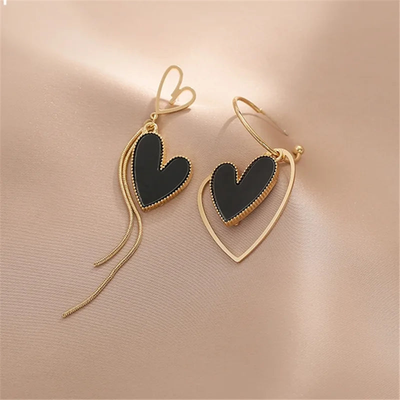 Korean Asymmetric Hollow Black Heart Dangle Earrings - Exaggerated Drop Jewelry