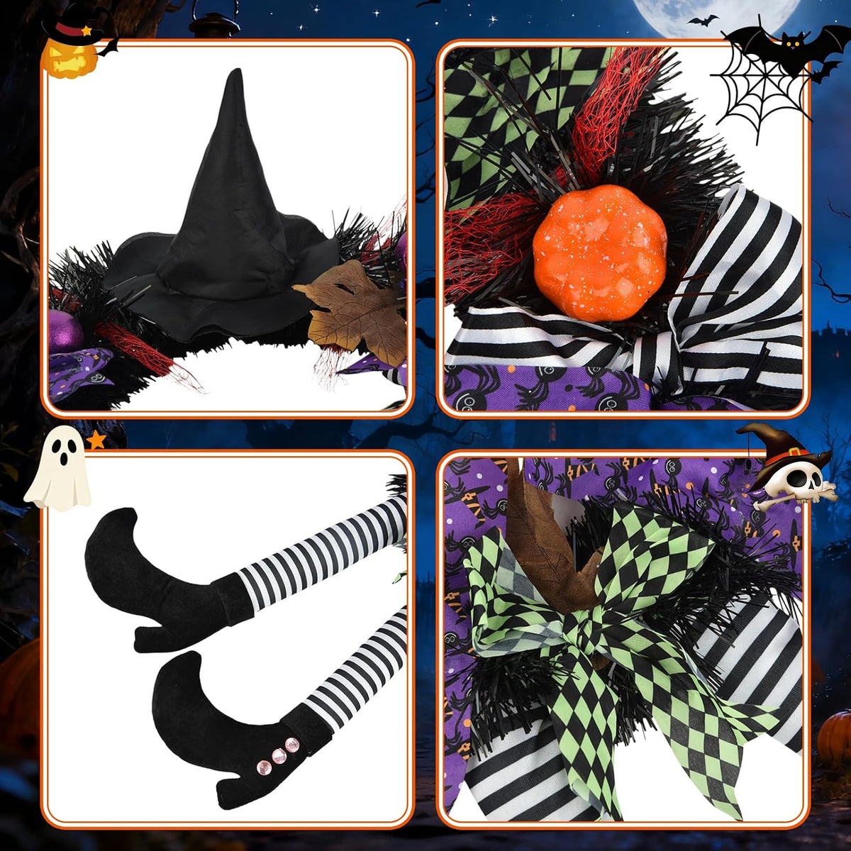 Halloween Decorations,Halloween Wreath,Halloween Witch Wreath Black Wreath with Hat Witches Legs Pumpkin,Indoor Outdoor Home Halloween Decor
