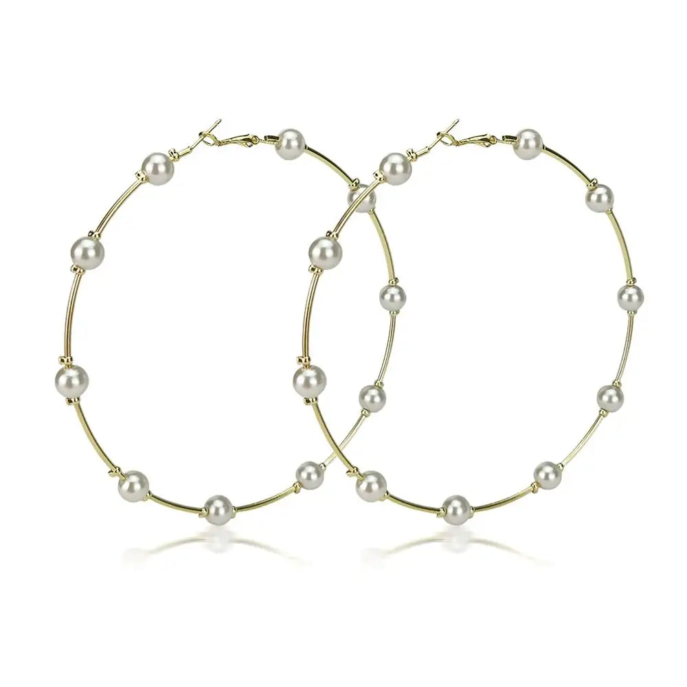 Gold Hoop Earrings with Imitation Pearls - Oversized Statement Design