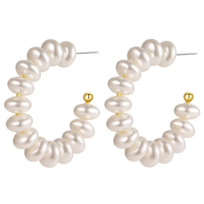 Elegant Gold Metal Pearl Hoop Earrings - Fashion Statement Jewelry