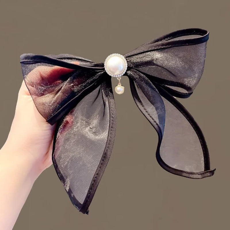 Elegant Black Organza Bow Hairpins - Crystal Ribbon Hair Clips