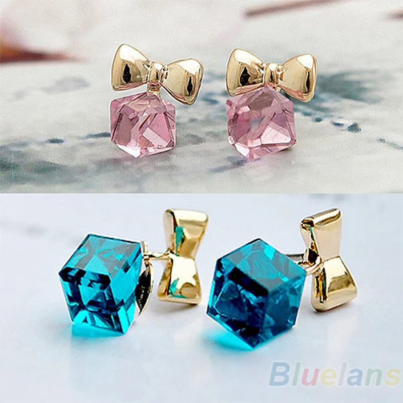 Chic Shimmer Bowknot Rhinestone Ear Studs - Cute Cube Jewelry for Women