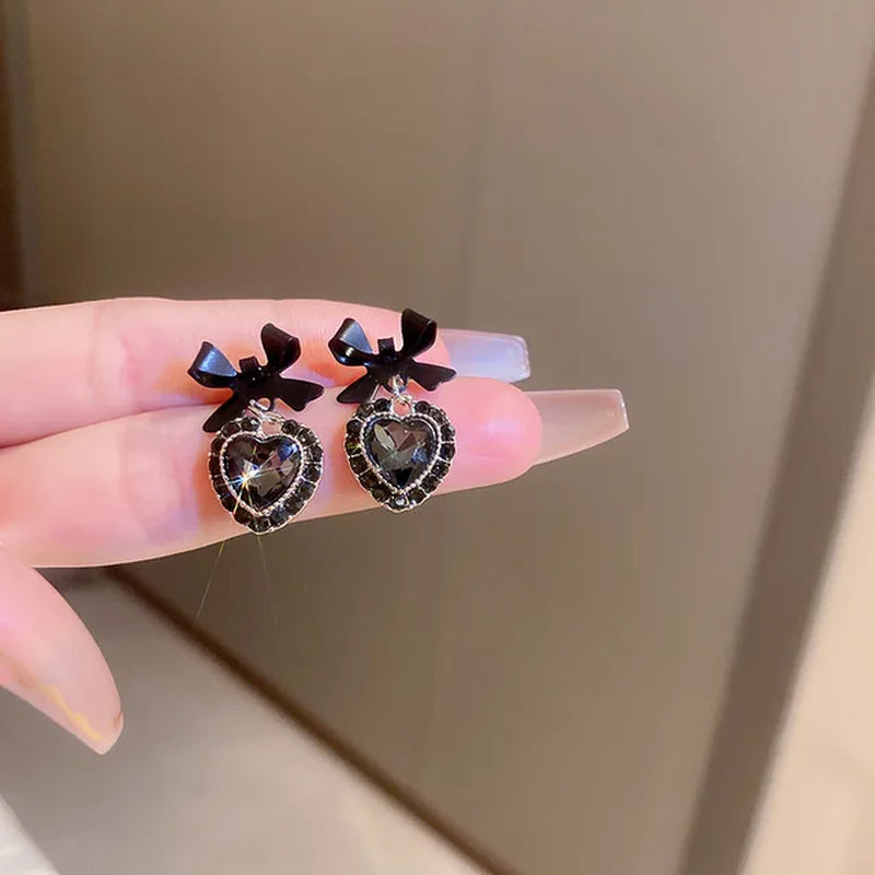 Korean Black Bowknot Heart Dangle Earrings - Fashion Statement