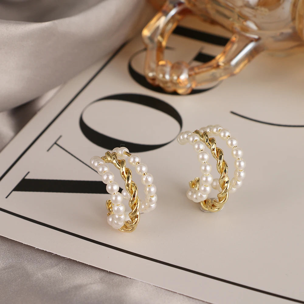 Elegant Gold Metal Pearl Hoop Earrings - Fashion Statement Jewelry