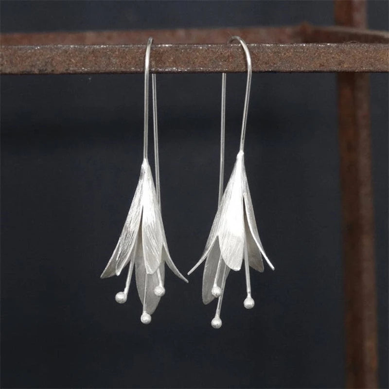 Gothic Long Tassel Earrings - Delicate Flower Pendant & Metal Studs