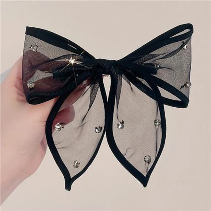 Elegant Black Organza Bow Hairpins - Crystal Ribbon Hair Clips