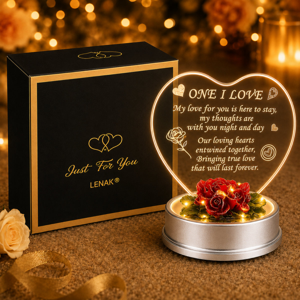 Romantic Heart-Shaped Acrylic Love Gift with Red Rose Base - Perfect for Valentine's Day and Special Occasions