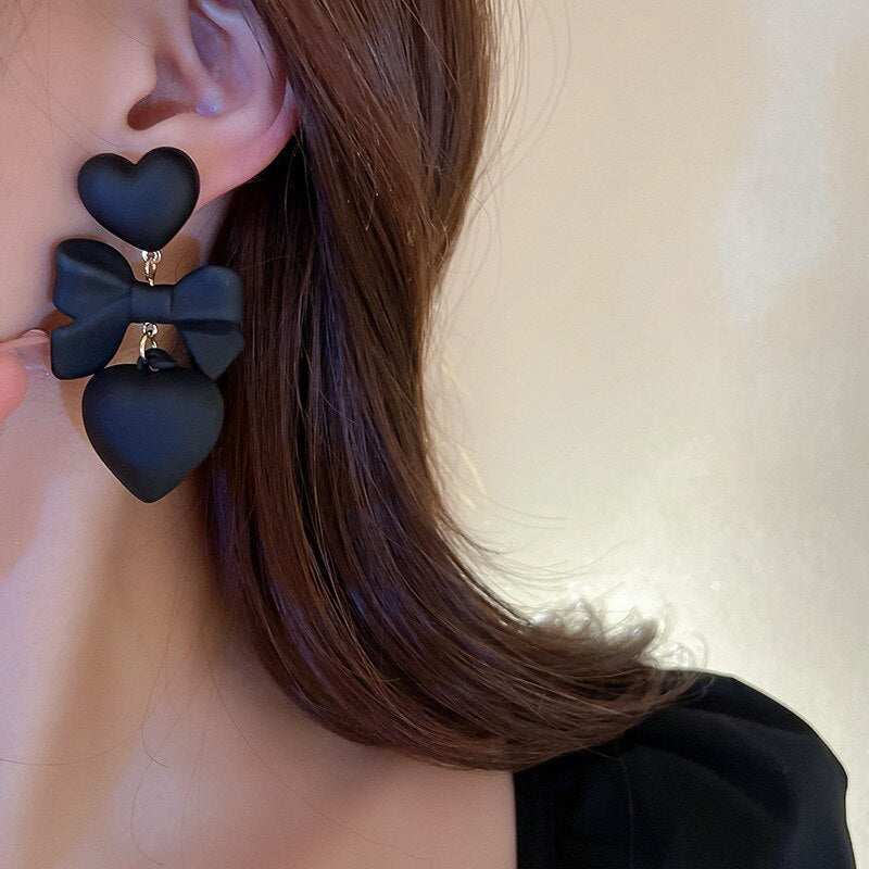 Korean Black Bowknot Heart Dangle Earrings - Fashion Statement