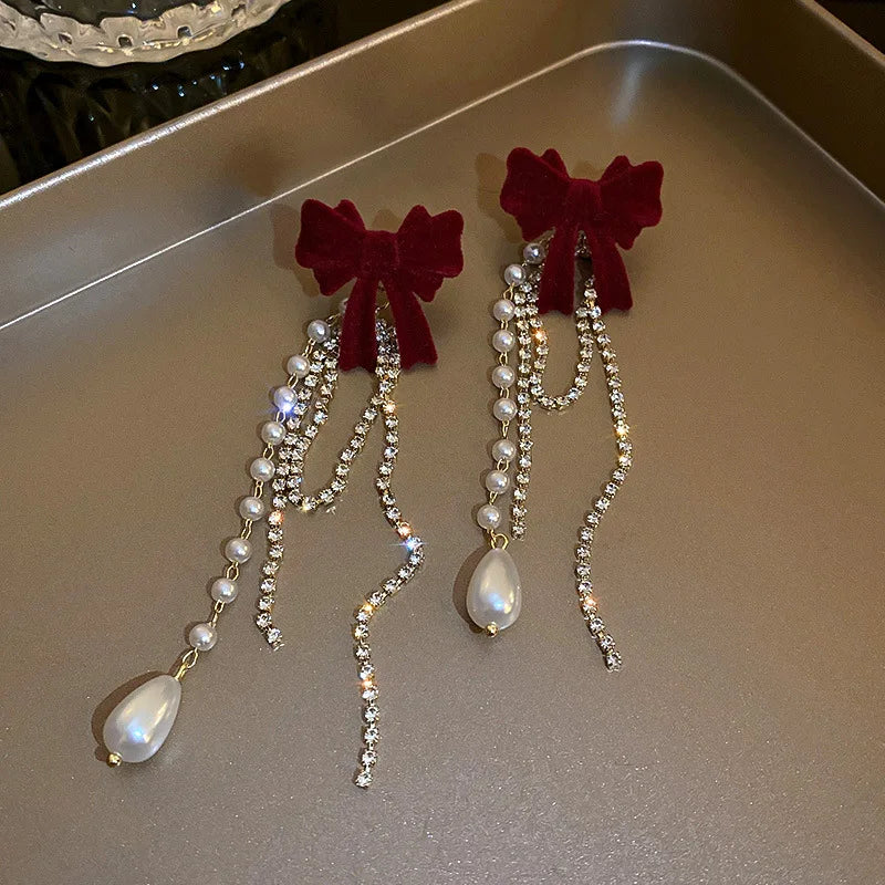 Stylish Pearl Drop Earrings - Long Crystal Tassels & Bowknot Accent