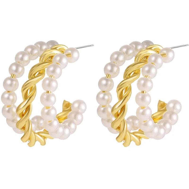 Elegant Gold Metal Pearl Hoop Earrings - Fashion Statement Jewelry