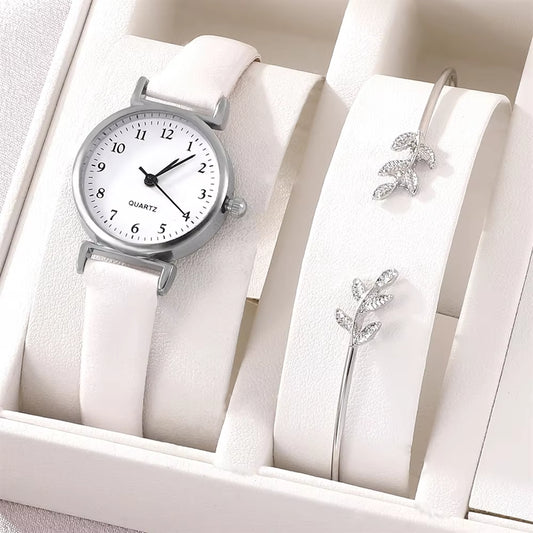 Luxury Women’s Quartz Watch & Bracelet Set – White Dial with Leather Strap