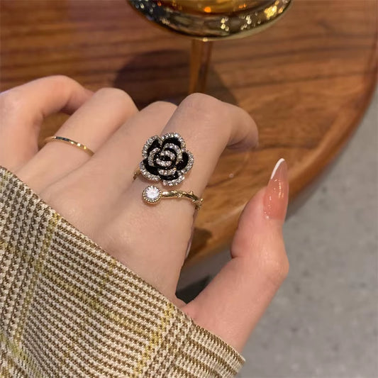 Korean Black Rose Meta Ring - Luxury Zircon Adjustable Ring 
