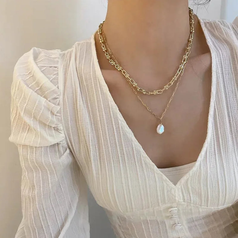 French Anti-Allergy Pearl Layered Necklace - Gold Plated Chunky Chain