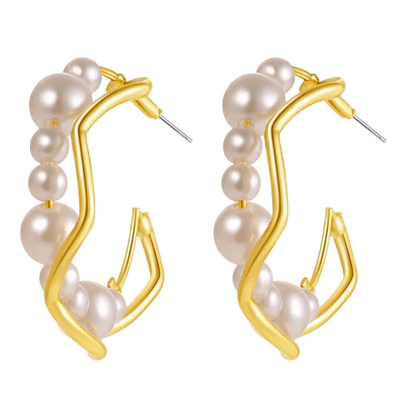 Elegant Gold Metal Pearl Hoop Earrings - Fashion Statement Jewelry