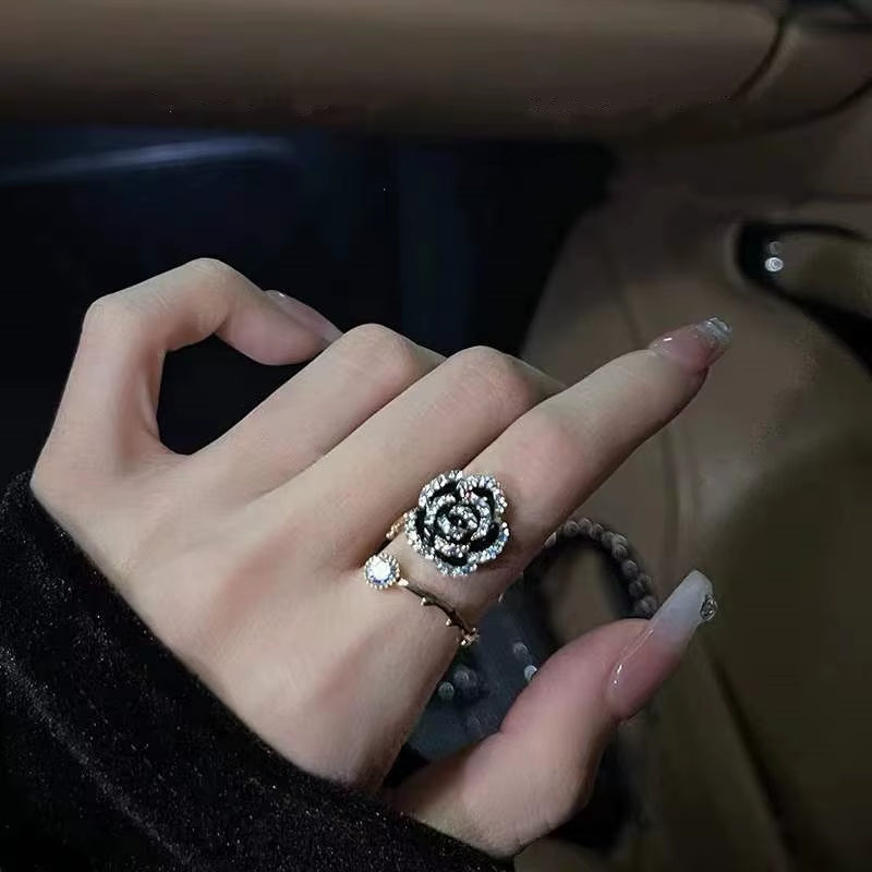 Korean Black Rose Meta Ring - Luxury Zircon Adjustable Ring 