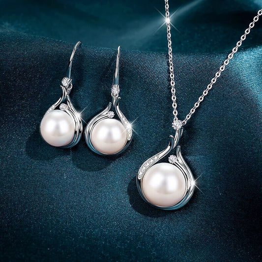 925 Silver Pearl Drop Earrings & Necklace Set