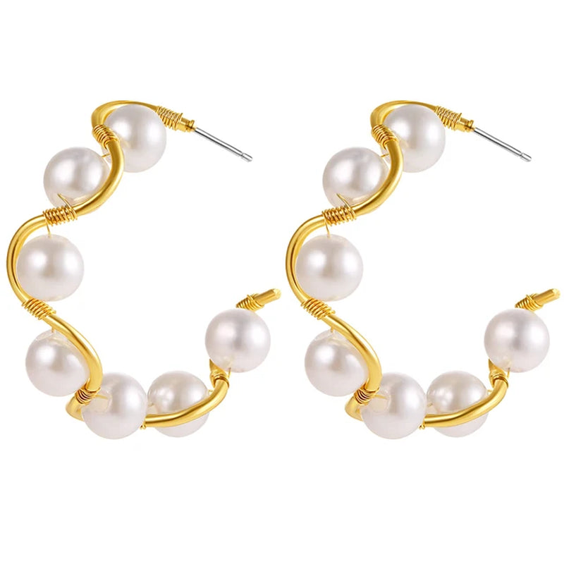 Elegant Gold Metal Pearl Hoop Earrings - Fashion Statement Jewelry