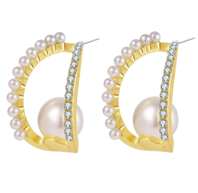 Elegant Gold Metal Pearl Hoop Earrings - Fashion Statement Jewelry