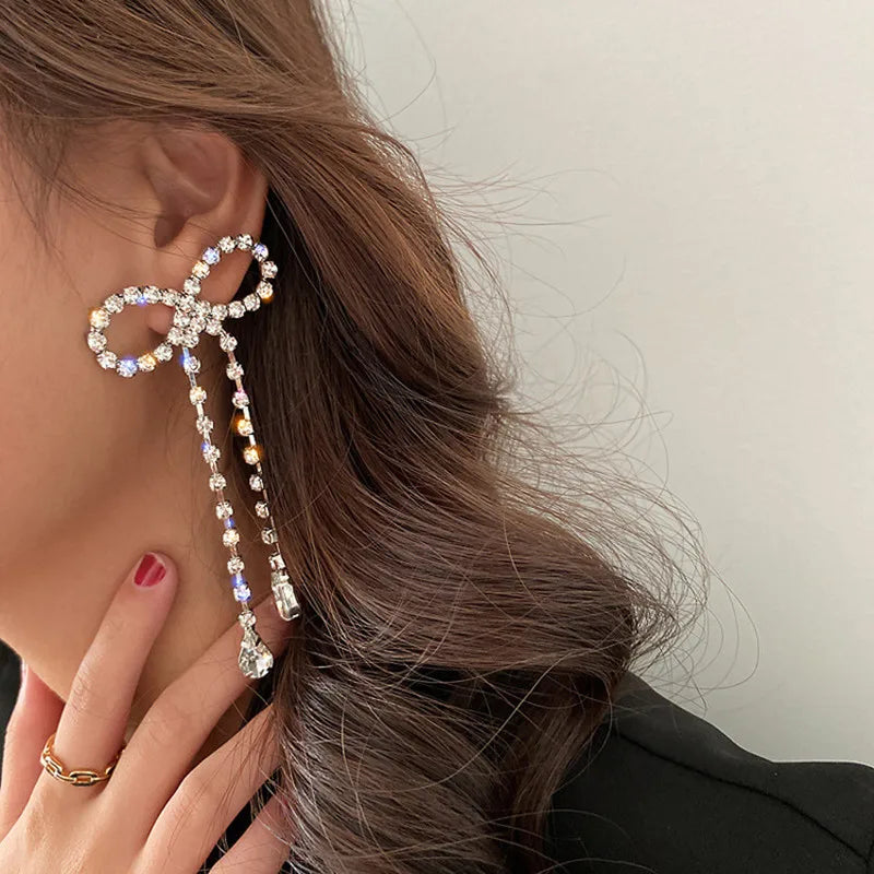 Crystal Bowknot Tassel Earrings