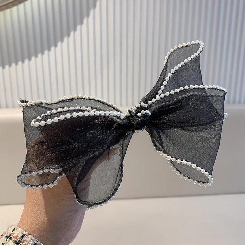 Elegant Black Organza Bow Hairpins - Crystal Ribbon Hair Clips